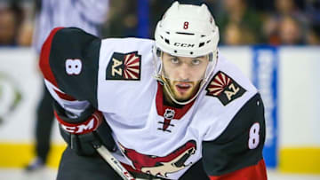 Mar 12, 2016; Edmonton, Alberta, CAN; Arizona Coyotes center Tobias Rieder (8) during the face off against the Edmonton Oilers during the first period at Rexall Place. Arizona Coyotes won 4-0. Mandatory Credit: Sergei Belski-USA TODAY Sports