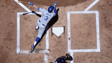 PHOENIX, AZ - MAY 03: Chris Taylor #3 of the Los Angeles Dodgers bats against the Arizona Diamondbacks during the MLB game at Chase Field on May 3, 2018 in Phoenix, Arizona. The Dodgers defeated the Diamondbacks 5-2. (Photo by Christian Petersen/Getty Images)
