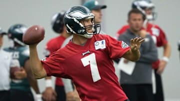 Jul 28, 2016; Philadelphia, PA, USA; Philadelphia Eagles quarterback Sam Bradford (7) passes during training camp at NovaCare Complex. Mandatory Credit: Bill Streicher-USA TODAY Sports