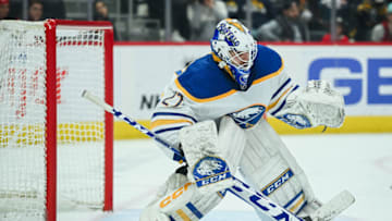 Apr 6, 2023; Detroit, Michigan, USA; Buffalo Sabres goaltender Devon Levi (27) during the second period against the Detroit Red Wings at Little Caesars Arena. Mandatory Credit: Tim Fuller-USA TODAY Sports