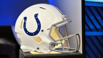 Nov 14, 2013; Nashville, TN, USA; Indianapolis Colts helmet on the sideline prior to the game against the Tennessee Titans at LP Field. Mandatory Credit: Jim Brown-USA TODAY Sports