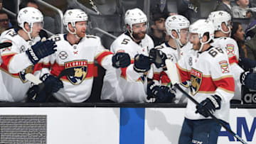 LOS ANGELES, CA - MARCH 16: Mike Hoffman #68 of the Florida Panthers celebrates his first-period goal with the bench during the game against the Los Angeles Kings at STAPLES Center on March 16, 2019 in Los Angeles, California. (Photo by Adam Pantozzi/NHLI via Getty Images)