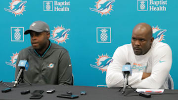 DAVIE, FLORIDA - DECEMBER 30: General Manager Chris Grier and Head Coach Brian Flores of the Miami Dolphins answers questions from the media during a season ending press conference at Baptist Health Training Facility at Nova Southern University on December 30, 2019 in Davie, Florida. (Photo by Mark Brown/Getty Images)