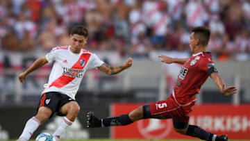 BUENOS AIRES, ARGENTINA - FEBRUARY 02: Gonzalo Montiel of River Plate fights for the ball with Cristian Vega of Central Cordoba during a match between River Plate and Central Cordoba de Santiago del Estero as part of Superliga 2019/20 at Estadio Monumental Antonio Vespucio Liberti on February 2, 2020 in Buenos Aires, Argentina. (Photo by Marcelo Endelli/Getty Images)