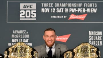 NEW YORK, NY - NOVEMBER 12: UFC featherweight and lightweight champion Conor McGregor of Ireland speaks to the media during the UFC 205 post fight press conference at Madison Square Garden on November 12, 2016 in New York City. (Photo by Brandon Magnus/Zuffa LLC/Zuffa LLC via Getty Images)