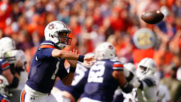 Auburn footballOct 28, 2023; Auburn, Alabama, USA; Auburn Tigers quarterback Payton Thorne (1) passing against the Mississippi State Bulldogs during the first quarter at Jordan-Hare Stadium. Mandatory Credit: John David Mercer-USA TODAY Sports