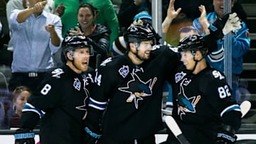 Nov 5, 2015; San Jose, CA, USA; San Jose Sharks defenseman Marc-Edouard Vlasic (44) celebrates scoring against the Florida Panthers in the second period at SAP Center at San Jose. Mandatory Credit: John Hefti-USA TODAY Sports.