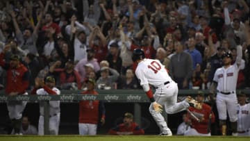 May 20, 2022; Boston, Massachusetts, USA; Boston Red Sox second baseman Trevor Story (10) reacts towards the dugout after hitting a grand slam during the third inning against the Seattle Mariners at Fenway Park. Mandatory Credit: Bob DeChiara-USA TODAY Sports
