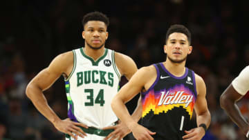 Devin Booker and Giannis Antetokounmpo, Phoenix Suns. Mandatory Credit: Mark J. Rebilas-USA TODAY Sports