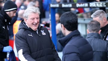 LONDON, ENGLAND - JANUARY 11: Roy Hodgson, Manager of Crystal Palace shakes hands with Mikel Arteta, Manager of Arsenal prior to the Premier League match between Crystal Palace and Arsenal FC at Selhurst Park on January 11, 2020 in London, United Kingdom. (Photo by Alex Pantling/Getty Images)