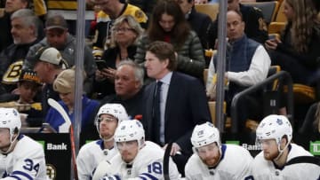 BOSTON, MA - APRIL 23: Toronto Maple Leafs head coach Mike Babcock grimaces on the bench during Game 7 of the 2019 First Round Stanley Cup Playoffs between the Boston Bruins and the Toronto Maple Leafs on April 23, 2019, at TD Garden in Boston, Massachusetts. (Photo by Fred Kfoury III/Icon Sportswire via Getty Images)