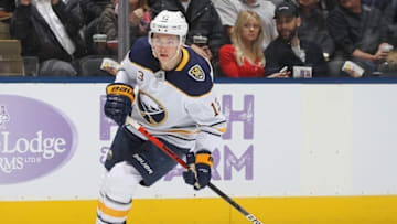 Jimmy Vesey #13 of the Buffalo Sabres skates against the Toronto Maple Leafs during an NHL game at Scotiabank Arena on November 30, 2019, in Toronto, Ontario, Canada. (Photo by Claus Andersen/Getty Images)