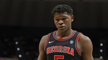 Mar 7, 2020; Baton Rouge, Louisiana, USA; Georgia Bulldogs guard Anthony Edwards (5) walks to the bench on a time out against LSU Tigers during the first half at Maravich Assembly Center. Mandatory Credit: Stephen Lew-USA TODAY Sports
