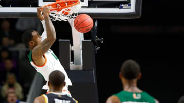 Mar 19, 2016; Providence, RI, USA; Miami (Fl) Hurricanes guard Sheldon McClellan (10) dunks against the Wichita State Shockers during the second half of a second round game of the 2016 NCAA Tournament at Dunkin Donuts Center. Mandatory Credit: Winslow Townson-USA TODAY Sports