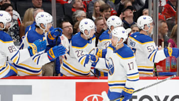 Mar 15, 2023; Washington, District of Columbia, USA; Buffalo Sabres center Tyson Jost (17) celebrates with teammates after scoring a goal against the Washington Capitals in the first period at Capital One Arena. Mandatory Credit: Geoff Burke-USA TODAY Sports