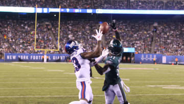 EAST RUTHERFORD, NJ - OCTOBER 11: Jalen Mills #31 of the Philadelphia Eagles breaks up a pass in action against the New York Giants on October 11, 2018 at MetLife Stadium in East Rutherford, New Jersey. (Photo by Al Pereira/ Getty Images)