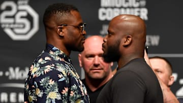 LAS VEGAS, NEVADA - JULY 05: (L-R) Opponents Francis Ngannou and Derrick Lewis face off during the UFC 226 Press Conference inside The Pearl concert theater at Palms Casino Resort on July 5, 2018 in Las Vegas, Nevada. (Photo by Jeff Bottari/Zuffa LLC/Zuffa LLC via Getty Images)
