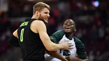 COLUMBUS, OH - JANUARY 5: Kyle Ahrens #0 of the Michigan State Spartans celebrates with a teammate after Michigan State defeated Ohio State 86-77 on January 5, 2019 at Value City Arena in Columbus, Ohio. (Photo by Jamie Sabau/Getty Images)