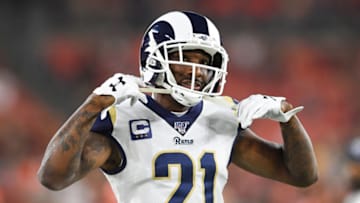 CLEVELAND, OH - SEPTEMBER 22, 2019: Cornerback Aqib Talib #21 of the Los Angeles Rams on the field prior to a game against the Cleveland Browns on September 22, 2019 at FirstEnergy Stadium in Cleveland, Ohio. Los Angeles won 20-13. (Photo by: 2019 Nick Cammett/Diamond Images via Getty Images)