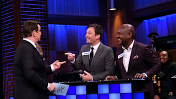 NEW YORK, NY - NOVEMBER 16: (L-R) Comedian Steve Higgins, Jimmy Fallon, and James Poyser play a trivia game on "The Tonight Show Starring Jimmy Fallon" at Rockefeller Center on November 16, 2017 in New York City. (Photo by Mike Coppola/Getty Images)