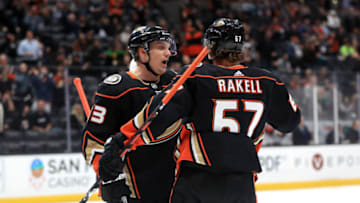 Rickard Rakell #67 congratulates Jakob Silfverberg #33 of the Anaheim Ducks (Photo by Sean M. Haffey/Getty Images)