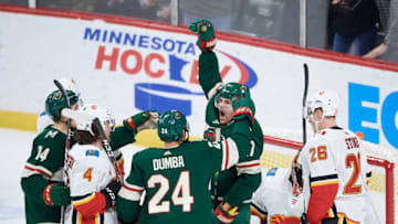 ST PAUL, MINNESOTA - JANUARY 05: Marcus Foligno #17 of the Minnesota Wild celebrates a goal against the Calgary Flames during the game at Xcel Energy Center on January 5, 2020 in St Paul, Minnesota. The Flames defeated the Wild 5-4 in a shootout. (Photo by Hannah Foslien/Getty Images)