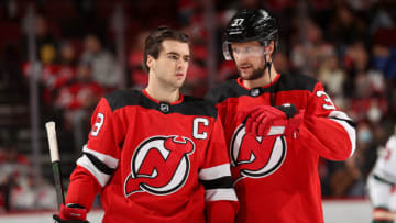 Nico Hischier #13 and Pavel Zacha #37 of the New Jersey Devils. (Photo by Elsa/Getty Images)