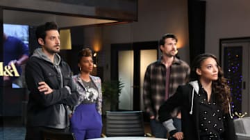 FOUND -- "Missing While Homeless" Episode 108 -- Pictured: (l-r) Karan Oberoi as Dahn Rana, Shanola Hampton as Gabi Mosely, Brett Dalton as Detective Mark Trent, Gabrielle Elise Walsh as Lacey Quinn -- (Photo by: Matt Miller/NBC)