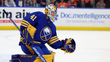 Mar 6, 2023; Buffalo, New York, USA; Buffalo Sabres goaltender Craig Anderson (41) makes a glove save during the first period against the Edmonton Oilers at KeyBank Center. Mandatory Credit: Timothy T. Ludwig-USA TODAY Sports