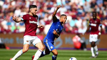 LONDON, ENGLAND - APRIL 20: Robert Snodgrass of West Ham United battles for possession with Youri Teilemans of Leicester City during the Premier League match between West Ham United and Leicester City at London Stadium on April 20, 2019 in London, United Kingdom. (Photo by Jordan Mansfield/Getty Images)