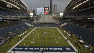 Jan 18, 2015; Seattle, WA, USA; A general view of the stadium as inclement weather sits over Seattle prior to the game between Green Bay Packers and the Seattle Seahawks in the NFC Championship Game at CenturyLink Field. Mandatory Credit: Steven Bisig-USA TODAY Sports