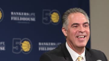 INDIANAPOLIS, IN - MAY 01: Kevin Pritchard speaks during a press conference where the Indiana Pacers introduce him as the new President of Basketball Operations at Bankers Life Fieldhouse on May 1, 2017 in Indianapolis, Indiana. NOTE TO USER: User expressly acknowledges and agrees that, by downloading and or using the photograph, User is consenting to the terms and conditions of the Getty Images License Agreement. (Photo by Ron Hoskins/Getty Images)