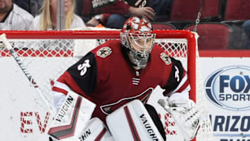 GLENDALE, AZ - APRIL 02: Darcy Kuemper #35 of the Arizona Coyotes gets ready to make a save against the Los Angeles Kings at Gila River Arena on April 2, 2019 in Glendale, Arizona. (Photo by Norm Hall/NHLI via Getty Images)