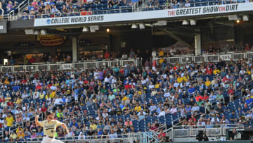 OMAHA, NE - JUNE 26: Pitcher Mason Hickman #44 of the Vanderbilt Commodores delivers a pitch in the first inning against the Michigan Wolverines during game three of the College World Series Championship Series on June 26, 2019 at TD Ameritrade Park Omaha in Omaha, Nebraska. (Photo by Peter Aiken/Getty Images)