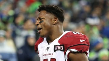 SEATTLE, WASHINGTON - DECEMBER 22: Kenyan Drake #41 of the Arizona Cardinals looks on in the fourth quarter against the Seattle Seahawks during their game at CenturyLink Field on December 22, 2019 in Seattle, Washington. (Photo by Abbie Parr/Getty Images)