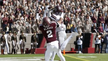 COLLEGE STATION, TEXAS - OCTOBER 26: Stephen Guidry #1 of the Mississippi State Bulldogs catches a 32 yard touchdown pass over Elijah Blades #2 of the Texas A&M Aggies during the second quarter at Kyle Field on October 26, 2019 in College Station, Texas. (Photo by Bob Levey/Getty Images)