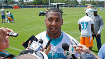 DAVIE, FL - JUNE 19: Brandon Gibson #10 of the Miami Dolphins talks to the media after the minicamp on June 19, 2014 at the Miami Dolphins training facility in Davie, Florida. (Photo by Joel Auerbach/Getty Images)