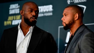 LAS VEGAS, NEVADA - JULY 04: (L-R) Jon Jones and Thiago Santos of Brazil face off during the UFC 239 Ultimate Media Day at T-Mobile Arena on July 4, 2019 in Las Vegas, Nevada. (Photo by Jeff Bottari/Zuffa LLC/Zuffa LLC via Getty Images)