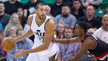 Oct 19, 2016; Salt Lake City, UT, USA; Portland Trail Blazers forward Maurice Harkless (4) defends against Utah Jazz center Rudy Gobert (27) during the first quarter at Vivint Smart Home Arena. Mandatory Credit: Russ Isabella-USA TODAY Sports