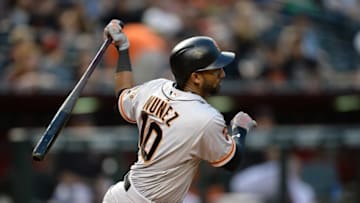 Sep 10, 2016; Phoenix, AZ, USA; San Francisco Giants third baseman Eduardo Nunez (10) bats against the Arizona Diamondbacks at Chase Field. The Giants won 11-3. Mandatory Credit: Joe Camporeale-USA TODAY Sports