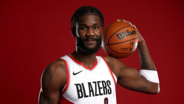 PORTLAND, OREGON - OCTOBER 02: Deandre Ayton #2 of the Portland Trail Blazers poses for a portrait during Blazers Media Day at Veterans Memorial Coliseum on October 02, 2023 in Portland, Oregon. NOTE TO USER: User expressly acknowledges and agrees that, by downloading and/or using this photograph, user is consenting to the terms and conditions of the Getty Images License Agreement. (Photo by Steph Chambers/Getty Images)