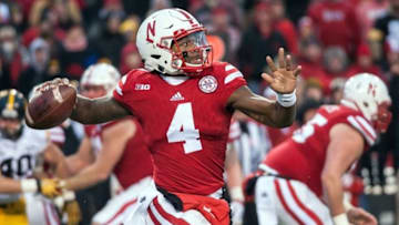 Nov 27, 2015; Lincoln, NE, USA; Nebraska Cornhuskers quarterback Tommy Armstrong Jr. (4) throws a pass during the second half against the Iowa Hawkeyes at Memorial Stadium. Iowa won 28-20. Mandatory Credit: Jeffrey Becker-USA TODAY Sports
