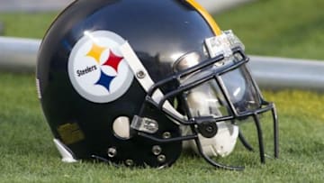 Aug 29, 2013; Charlotte, NC, USA; A Pittsburgh Steelers helmet lays on the sidelines during the first quarter against the Carolina Panthers at Bank of America Stadium. Mandatory Credit: Jeremy Brevard-USA TODAY Sports