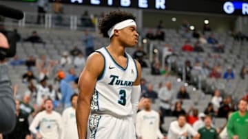 Mar 10, 2023; Fort Worth, TX, USA; Tulane Green Wave guard Jalen Cook (3) reacts after scoring a basket against the Tulane Green Wave during the second half at Dickies Arena. Mandatory Credit: Jerome Miron-USA TODAY Sports