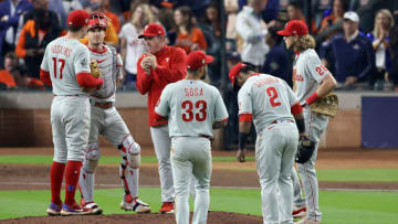 HOUSTON, TEXAS - NOVEMBER 05: Manager Rob Thomson of the Philadelphia Phillies makes a pitching change during the sixth inning against the Houston Astros in Game Six of the 2022 World Series at Minute Maid Park on November 05, 2022 in Houston, Texas. (Photo by Bob Levey/Getty Images)