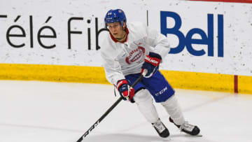 BROSSARD, QC - JUNE 28: Montreal Canadiens prospect Jesse Ylonen (56) skates with the puck during the Montreal Canadiens Development Camp on June 28, 2019, at Bell Sports Complex in Brossard, QC (Photo by David Kirouac/Icon Sportswire via Getty Images)