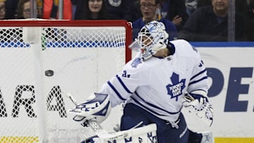 Mar 31, 2016; Buffalo, NY, USA; Toronto Maple Leafs goalie Garret Sparks (31) makes a save against the Buffalo Sabres during the first period at First Niagara Center. Mandatory Credit: Kevin Hoffman-USA TODAY Sports