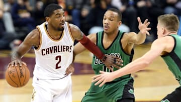 Mar 5, 2016; Cleveland, OH, USA; Cleveland Cavaliers guard Kyrie Irving (2) and Boston Celtics guard Avery Bradley (0) during the second quarter at Quicken Loans Arena. Mandatory Credit: Ken Blaze-USA TODAY Sports
