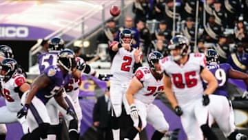 Aug 15, 2013; Baltimore, MD, USA; Atlanta Falcons quarterback Matt Ryan (2) throws a pass in the first quarter against the Baltimore Ravens at M