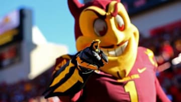 Nov 28, 2014; Tucson, AZ, USA; Arizona State Sun Devils mascot Sparky against the Arizona Wildcats during the 88th annual territorial cup at Arizona Stadium. Mandatory Credit: Mark J. Rebilas-USA TODAY Sports